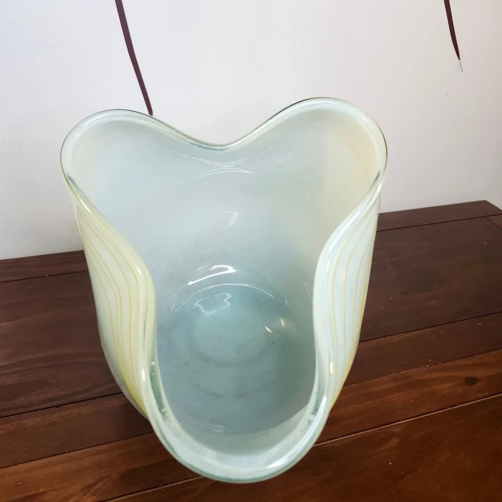 Global Views Seafoam Celadon Art Glass Tilted Asymmetrical Ruffled Vase 12inches